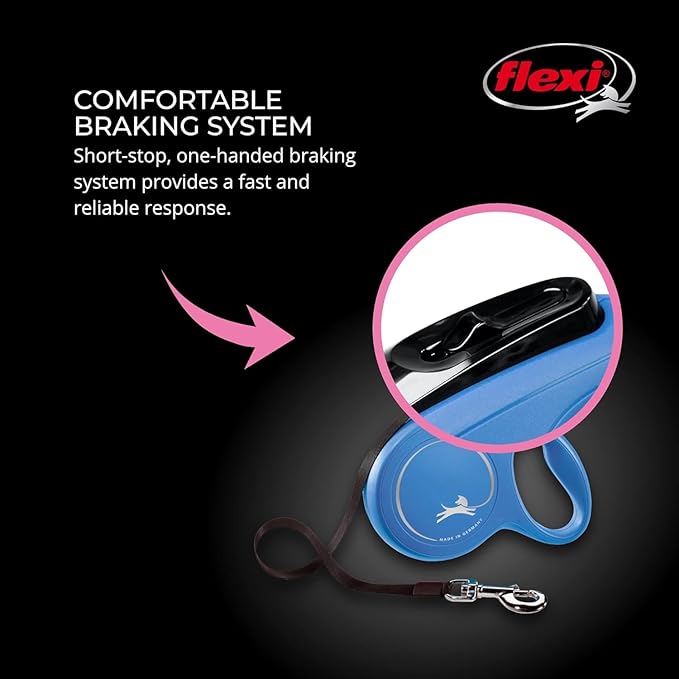 FLEXI Classic Cord Retractable Dog Leash for Small Dogs up to 26 lbs. – 16 ft., Blue | Tangle-Free Cord Design with One-Handed Brake, Pause, Lock|German Quality Product