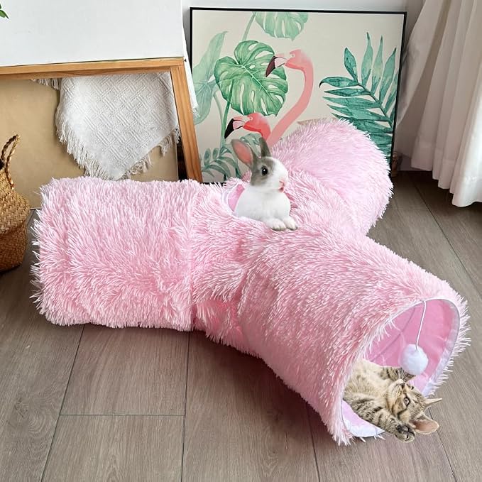 3-Way Collapsible Cat Tunnel Tube Toy Pink Plush — Interactive Play Tunnel with Hanging Ball & Peek Hole for Indoor Cats, Kittens, Puppies & Rabbits | Hours of Fun & Exercise