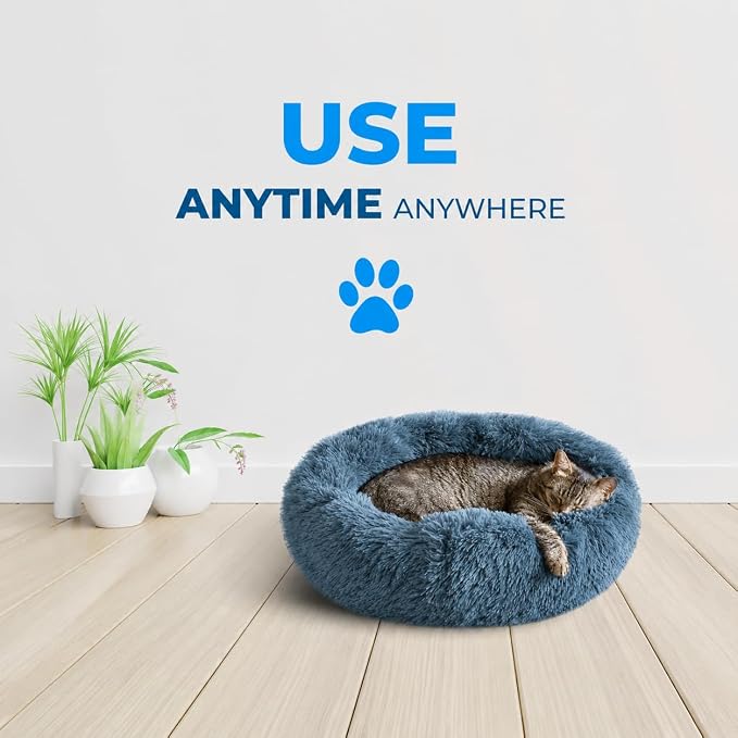 Whiskers & Friends Cat Beds for Indoor Cats, Fluffy Calming Donut Cat Bed, Small Dog Bed Washable - Orthopedic Soft Plush Pet Beds Sized for Kitten to Large Cats & Puppy to Small Dogs - Navy Grey 23''