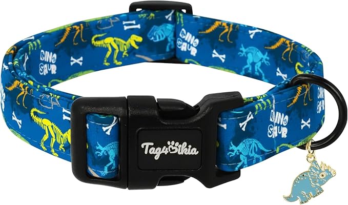 Dinosaur Dog Collar, Cute Boy Dog Collars for Small Medium Large Dogs, Blue with Dino Skeleton Print Soft Cotton Adjustable Puppy Collar, Male Dogs Pet Collar for Gifts & Daily Use-M