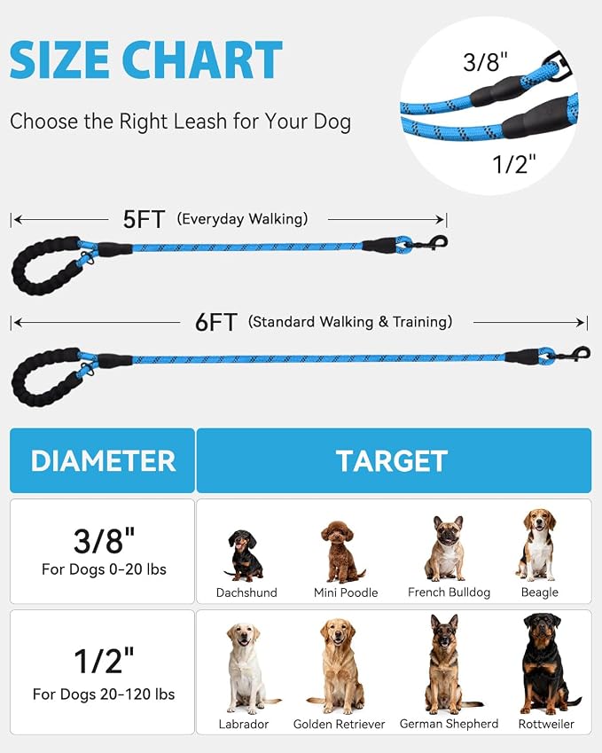 Joytale Dog Leash for Large Dogs, Heavy Duty Nylon Leashes with Comfortable Padded Handle and Highly Reflective Threads, Ideal for Walking and Training, SkyBlue, 6'×1/2''