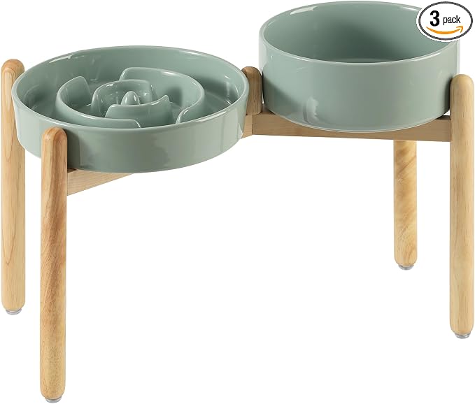 Havniva 9.5” Raised Slow Feeder Dog Bowls Set, 3.2 Cups Ceramic Slow Feeder Dog Bowl and 8.2” Dog Water Bowl with Elevated Wooden Stand Puzzle Dog Food Bowl for Large Dogs Anti-Gulping & Anti-Choking