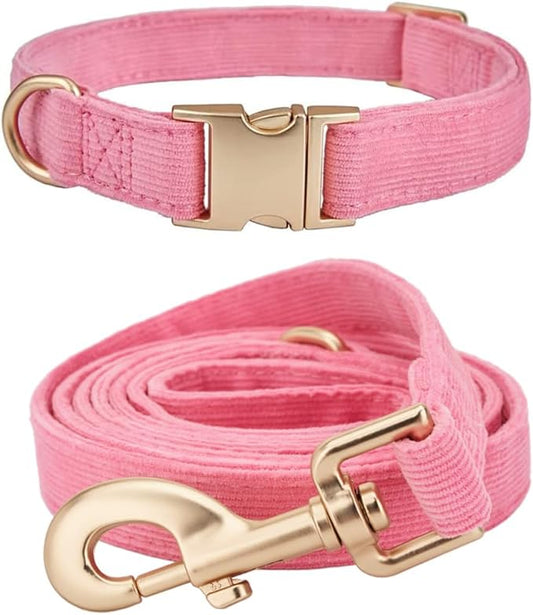 Soft Corduroy Dog Collar and Leash Set Adjustable Durable Dog Collars with Metal Buckle and Lead for Female Large Dogs,Hot Pink
