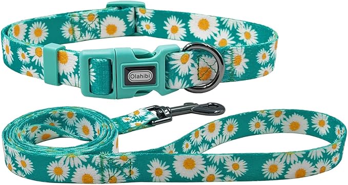 Dog Collar and Leash Set, Cute Daisy Pattern, Polyester Material, 5ft Leash, for Puppy Dogs.(Extra Small,Green Daisy)