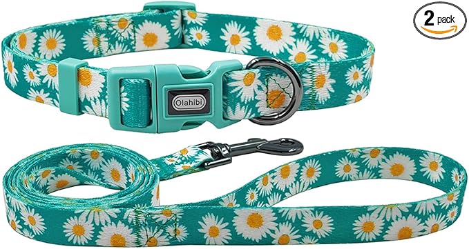 Dog Collar and Leash Set, Cute Daisy Pattern, Polyester Material, 5ft Leash, for Small Dogs.(Small,Green Daisy)