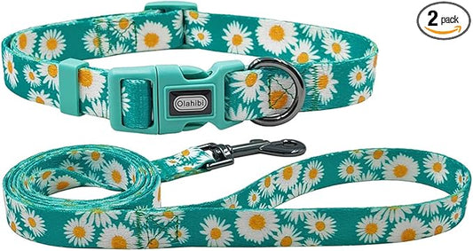Dog Collar and Leash Set, Cute Daisy Pattern, Polyester Material, 5ft Leash, for Small Dogs.(Small,Green Daisy)