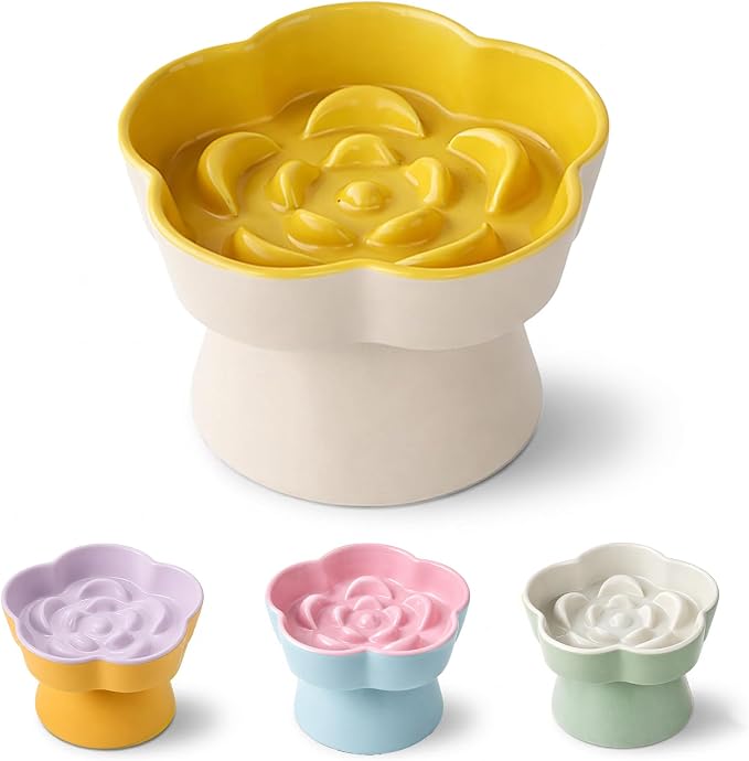 Ceramic Elevated Slow Feeder Cat Bowl, Raised and Gently Tilted Feeding Dish with Maze Design, Whisker-Friendly, Easy to Clean, for Indoor Cats and Small Dogs (Beige/Yellow)