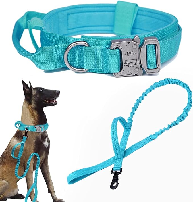 Tactical Dog Collar and Leash Set Adjustable Military Nylon Dog Collar with Control Handle and Heavy Duty Metal Buckle for Large Dogs（Blue XL
