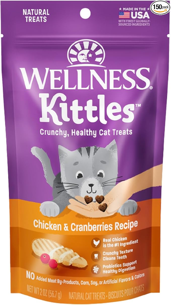 Wellness Kittles Crunchy Cat Treats, All Lifestages, Kitten to Senior, Natural, Grain Free, Chicken and Cranberry Flavor, 2 oz Bag