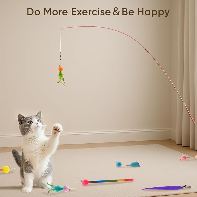 Cat Toys for Indoor Cats, 11 Packs Interactive Cat Wand Toy Set with Feather Toys&Ribbon Refills,Retractable Cat Wand with Bell Refills for Kittens Play and Exercise