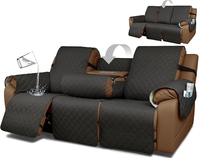 Waterproof Recliner Sofa Covers with Flipped Middle Backrest Washable Recliner Couch Covers Non-Slip with Elastic Straps Furniture Protector for Kid Dogs Pets (Dark Grey)