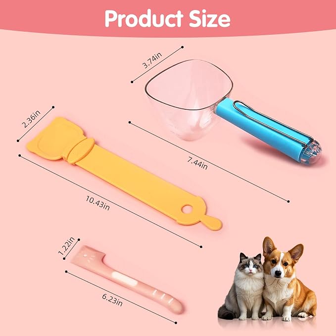 Pet Food Scoop Set 3-Pack, Long Handled Cat Food Measuring Cup with Stainless Steel Clip, Silicone Pet Can Mixing Spoon with Opener, Cute Cat Strip Feeder, Easy to Clean, Safe and Reliable