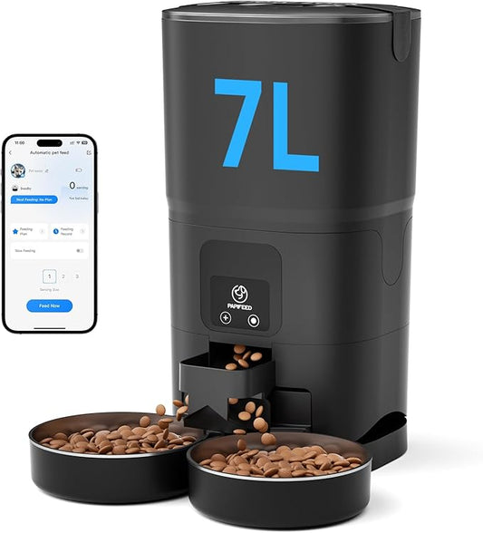 PAPIFEED Automatic Cat Feeder 2 Cats, 2.4G WiFi Cat Food Dispenser with App, 7L Slow Feeder Timed Cat Feeder for Dry Food, 10 Meals/Day, 12 Portions/Meal, Smart Pet Feeder for Small Dog