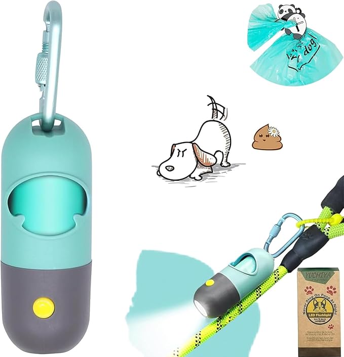 Dog Poop Bag Holder with LED Flashlight for Night Walks,Silicone Tether & Panda Pattern Clip for Used Bags, Hands-Free Metal Leash Carabiner, Includes 15 Scented Waste Bags (Crystal Blue)