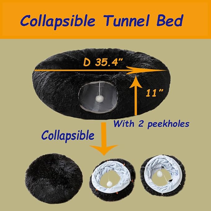 Cat Bed Tunnel Tube Toy Black Plush Round, Collapsible Pet Tunnels for Indoor Cats, Interactive Toys Play Tubes with Hanging Ball for Kitty, Puppy, Rabbit for Fun Playtime & Exercise
