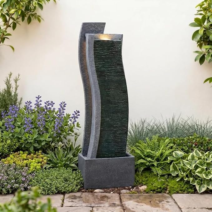Sunlinua 43H Modern Outdoor Water Fountain with LED Light Garden Cascading Curved Waterfall Feature for Indoor or Outdoor Relaxing Garden Patio Backyard Deck Porch or Home Décor