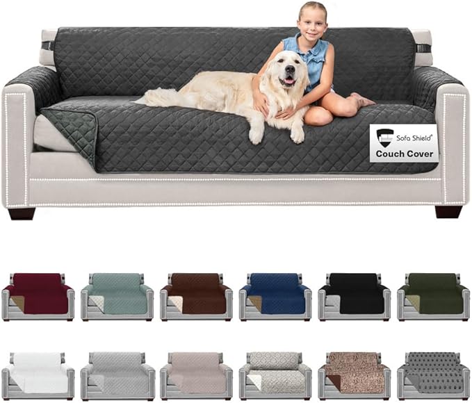 Sofa Shield® Couch Slip Covers for Dogs, Reversible Furniture Protector with Strap, Stain and Tear Resistant Cushion Cover, 78 inch Seat, Machine Washable Slipcover Dog Pets Cats, Charcoal