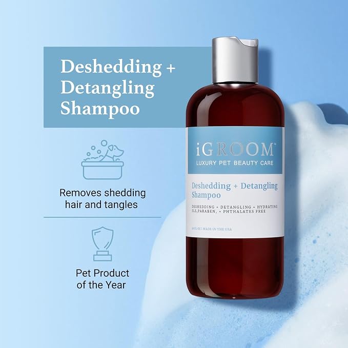 iGroom Deshedding & Detangling Dog Shampoo, Luxury Pet Beauty Care, Loosen Tangles + Unwanted Undercoat, Adds Shine + Volume, Made in USA (16 OZ)