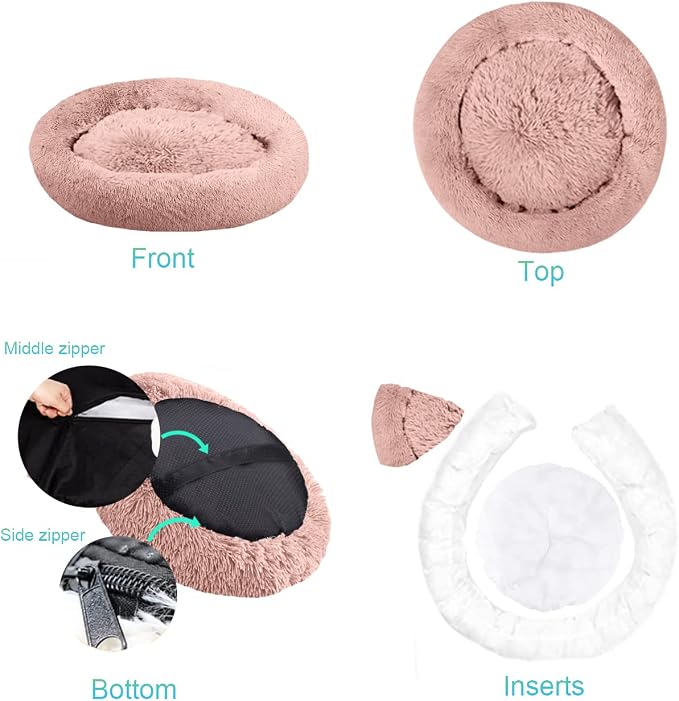 SAVFOX 54 inches Calming Donut Dog Bed - 3X Durable Plush Faux Fur, Machine Washable & Non-Slip, Fits up to 210 lbs, Removable Cover, Pink