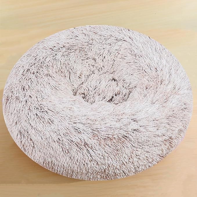 Dog & Cat Bed, 20 Inch Cat Beds for Indoor Cats, Calming Donut Bed for Small Medium Dogs and Cats, Anti-Anxiety Plush Faux Fur Large Cat Beds Washable (Coffee White)