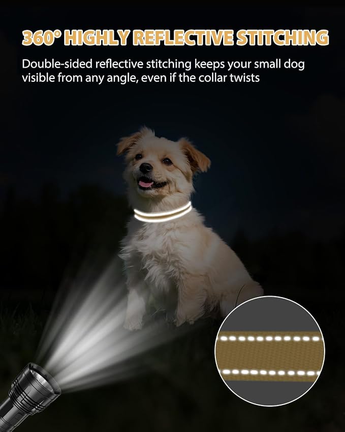 Joytale Dog Collars for Small Dogs, Feather-Light Double-Sided Reflective Nylon Collar for Night Safety, Adjustable Quick-Release for Growing Puppies, Khaki, S (5/8" Width)