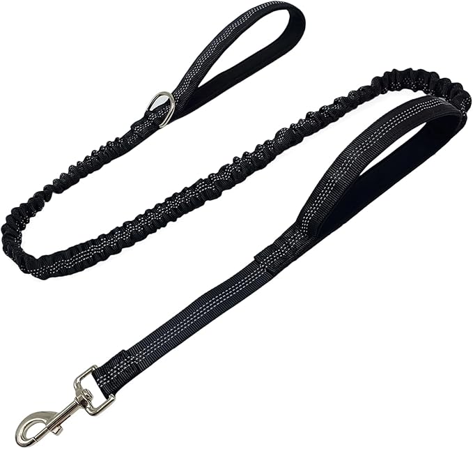 5FT Bungee Dog Leash with 2 Handles, Reflective Strong Nylon Traffic Leash, Shock Absorbing Lead for Large Medium Dogs Walking Training Controlling, Black