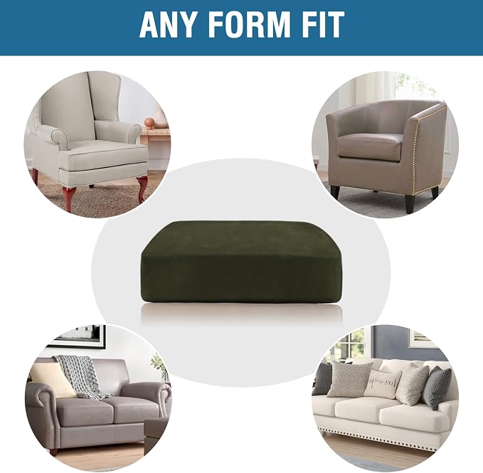 H.VERSAILTEX Velvet Stretch Couch Cushion Cover Plush Cushion Slipcover for Chair Loveseat Sofa Cushion Furniture Protector Seat Cushion Sofa Cover (3 Piece XL Sofa Cushion Covers, Olive)