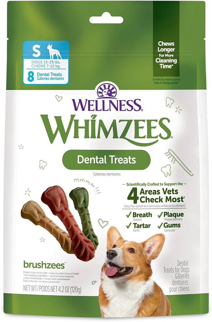 Wellness WHIMZEES Brushzees Natural Dog Dental Treat, VOHC Accepted Chews, Freshens Breath, Small Size, 4.2 oz Bag, 8 Count