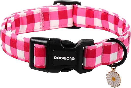 DOGWONG Pink Checkered Dog Collar, Cute Pink Plaid Dog Collars, Adjustable Girl Female Pet Collars Design Dog Collar for Small Medium Large Dogs