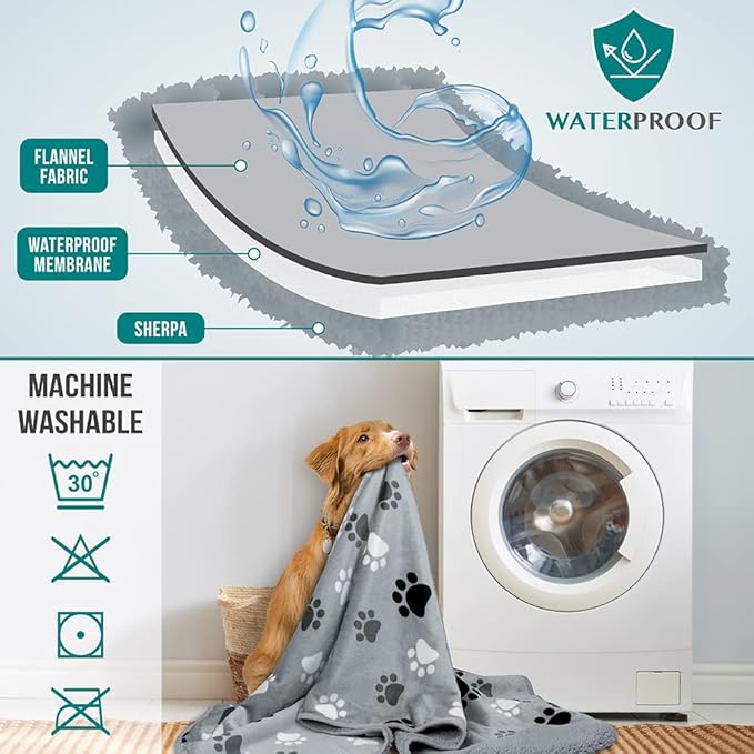 PETAMI Sherpa Fleece Waterproof CAT and Dog Blanket, PAW Gray, Large