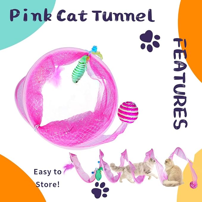 Cat Tunnel with Hanging Toys, Cat Toys Kitten Toys Assorted, Indoor Activity Center for Cats and Kittens, 10 x 22 inches (Pink)