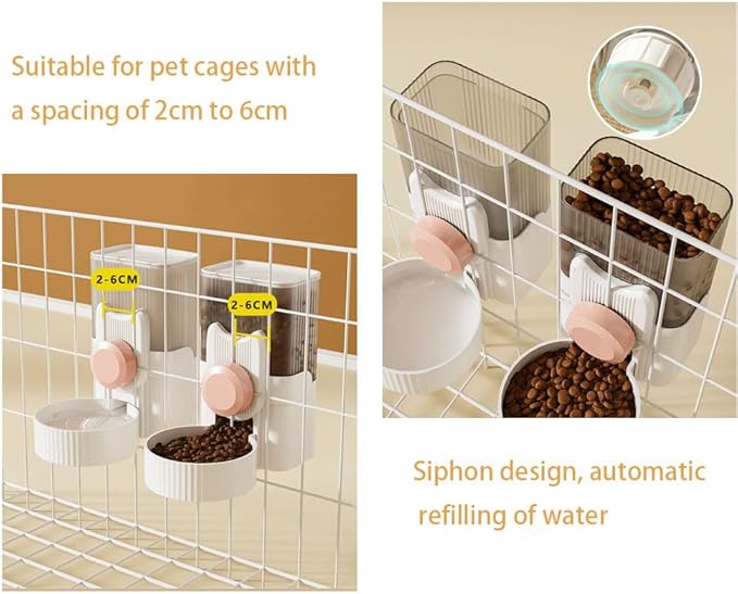 Pet Dog Cat Hanging Automatic Feeder and Water Dispenser Set, 2-in-1 Gravity Pet Food & Water Bowl for Cage, No-Spill Small Dog Rabbit Food Dispenser (Pink)