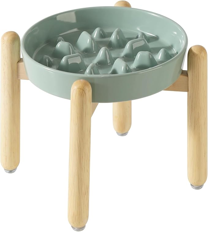 Havniva 8.2” Raised Slow Feeder Dog Bowls, 1.6 Cups Ceramic Dog Bowl Slow Feeding for Medium Breed, Elevated Puzzle Dog Food Bowl with Wooden Stand Non-Slip Anti-Gulping & Anti-Choking