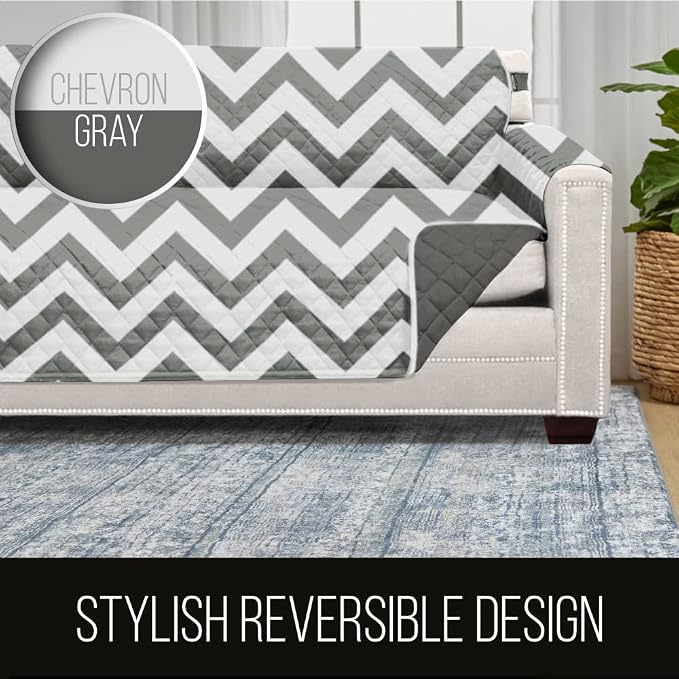 Sofa Shield® Couch Slip Covers for Dogs, Reversible Furniture Protector with Strap, Stain and Tear Resistant Cushion Cover, 70 inch Seat, Machine Washable Slipcover Pets, Cats, Chevron Linen