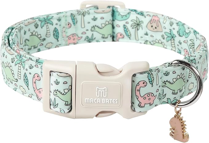 Maca Bates Spring Green Cute Dinosaur Basic Dog Collar for Extra Large Boy Girl Dogs,Durable Soft Adjustable Collars Gift for Male Female Puppy Pet with Safety White Buckle