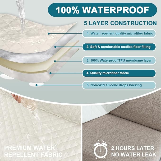 Turquoize 100% Waterproof Futon Cover Futon Slipcover Washable Armless Sofa Bed Slipcover Protector Seat Width Up to 70" with Adjustable Elastic Strap Anti-Slip for Dogs, Ivory