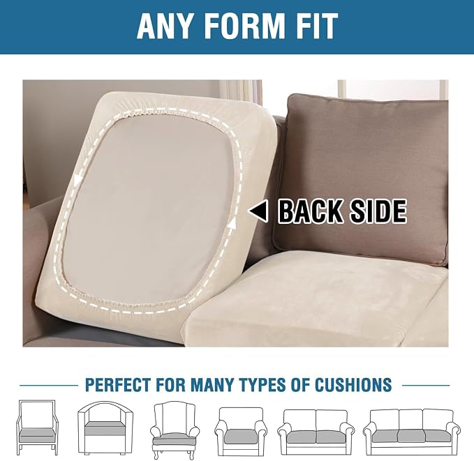 H.VERSAILTEX Velvet Stretch Couch Cushion Cover Plush Cushion Slipcover for Chair Loveseat Sofa Cushion Furniture Protector Seat Cushion Sofa Cover (3 Piece Sofa Cushion Covers, Cream)