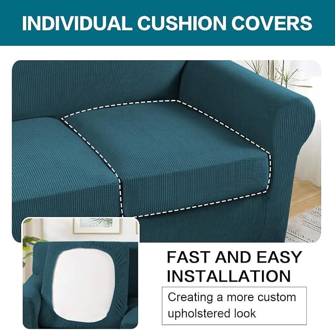 Turquoize 4 Piece Sofa Covers for 3 Cushion Couch Sofa Slipcover Soft Couch Cover for Dogs Washable Furniture Cover with 3 Individual Large Cushion Covers Feature Fabric (Large Sofa, Deep Teal)