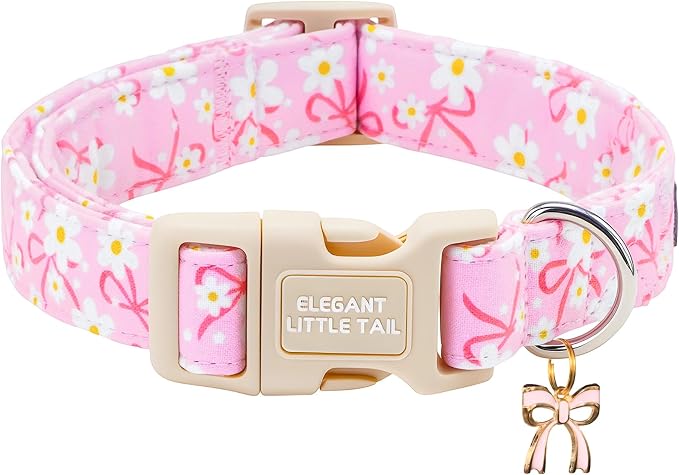 Elegant Little Tail Summer Dog Collar, Pink Sailor Bow Floral Pattern Soft Cotton Pet Collars with Sturdy Quick Release Female Adjustable Pet Collar for Small Medium Large Dogs