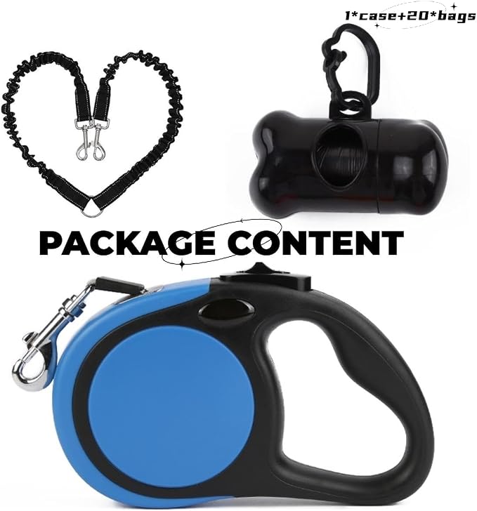 Dual Retractable Dog Leash Small Breed (Up to 44 Lbs Each) - Double Headed 18.5 ft Extendable Pet Leash with Poop Bags, Non Slip Grip - One Button Break & Lock, 360° Tangle-Free (Blue, Medium)