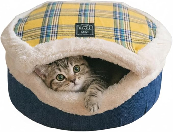 Cat Bed Cave – Enclosed Hideaway with Detachable Lid & Mat, Covered Round House for Indoor Kitten & Kitty (Yellow)