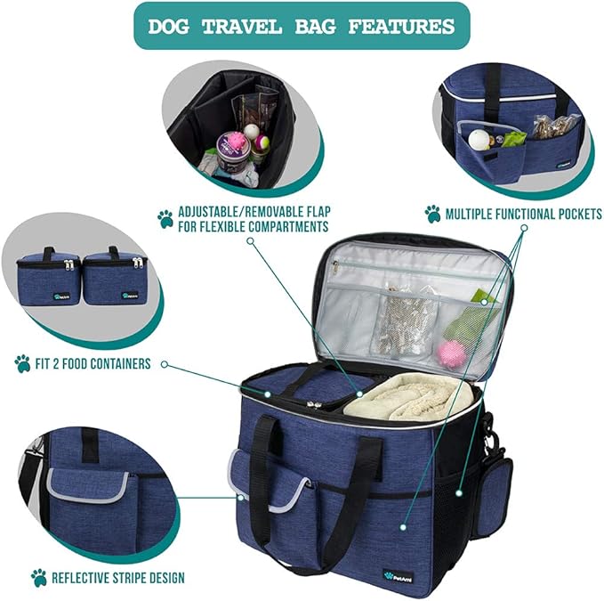 PetAmi Dog Travel Bag Organizer, Pet Travel Kit with 2 Food Containers & 2 Collapsible Dog Bowls, Pet Supplies Tote with Luggage Sleeve, Weekend Road Trip Camping Essentials, Navy Blue, Large