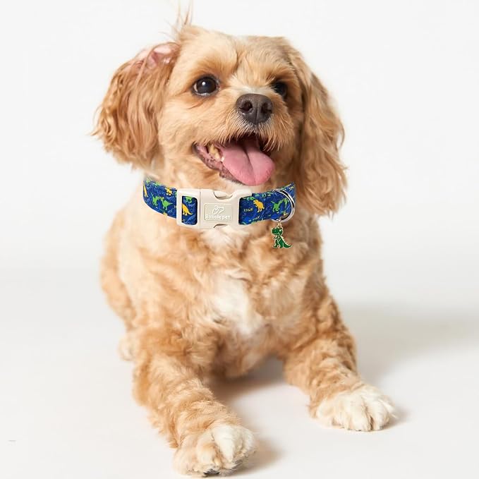 Dinosaur Dog Collar, Cute Boy Dog Collars for Medium Dogs - Blue Multicolor Dino Cotton Male Dogs Collar, Soft Adjustable Daily Pet Collars with Quick Release Buckle M