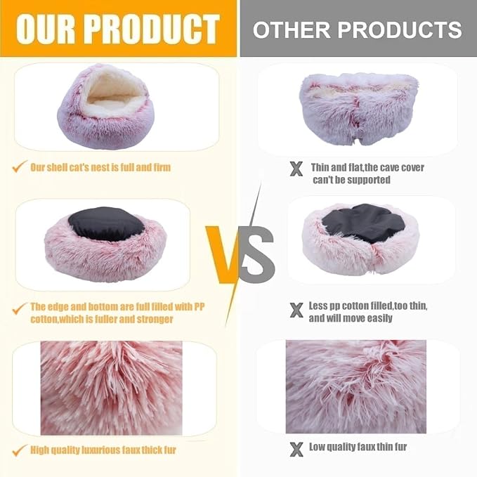 ZaneSun Calming Dog Bed & Cat Cave with Hooded Cover, Plush Fluffy Anti-Anxiety Cat Bed, Waterproof Bottom Washable (Pink, 25.6X25.6inch)