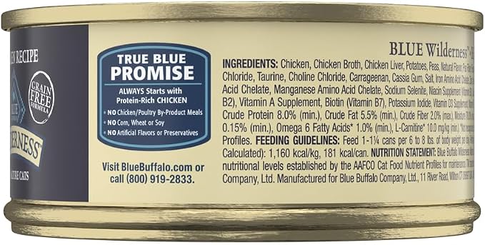 Blue Buffalo Wilderness Adult Cat 7+ Grain Free Chicken Paté Wet Cat Food, Supports Energy for an Active Life, Made with Natural Ingredients, 5.5-oz. Cans (24 Count)