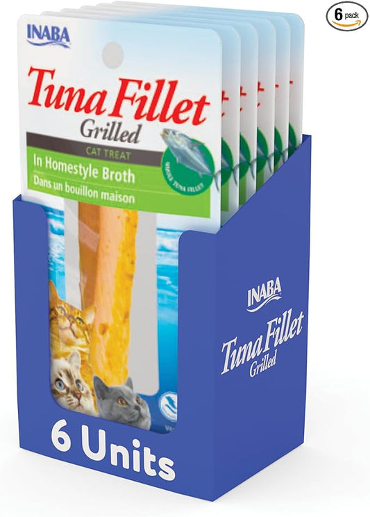 INABA Premium Hand-Cut Grilled Tuna Fillet Cat Treats/Topper with Vitamin E and Green Tea Extract, 0.52 Ounces Each, Pack of 6, Homestyle Broth