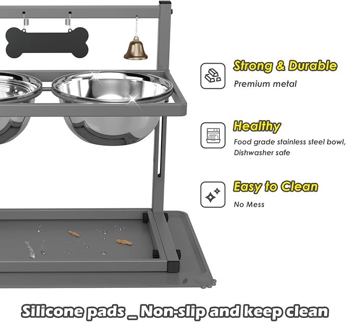 SHAINFUN Grey Raised Dog Bowl Stand with Two 1700ml Stainless Steel Food Bowl, a Slow Feeder and Silicone Pet Feeding Mat, Adjustable Dog Feeder, Elevated Dog Bowls for Large Medium and Small Dogs