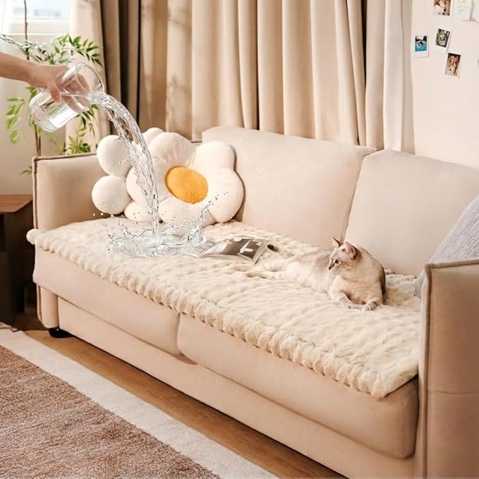 FUNNY FUZZY Couch Cover for Dogs Waterproof, Thick Water Proof Couch Cover for Pets Washable, Pet Friendly Fuzzy Sofa Blanket Dog Bed Covers Non Slip for Couches and Sofas, Khaki, 27.6"×59.1"
