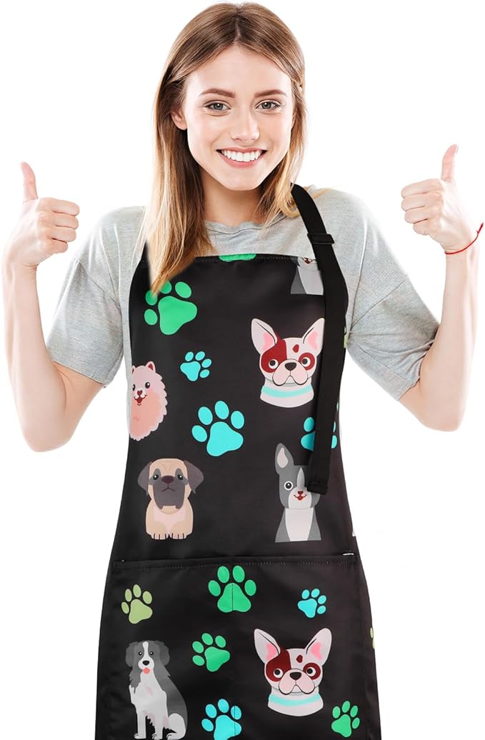 Dog Grooming Waterproof Apron with 2 Pockets, Cute Animals Puppy Dog Pets Apron
