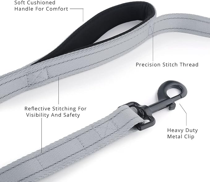 Plutus Pet Double Handle Dog Leash 4ft, Heavy Duty, Reflective Dual Handle Dog Leash for Safety Training, for Medium Large Dogs,2 Handle Leads(Gray)